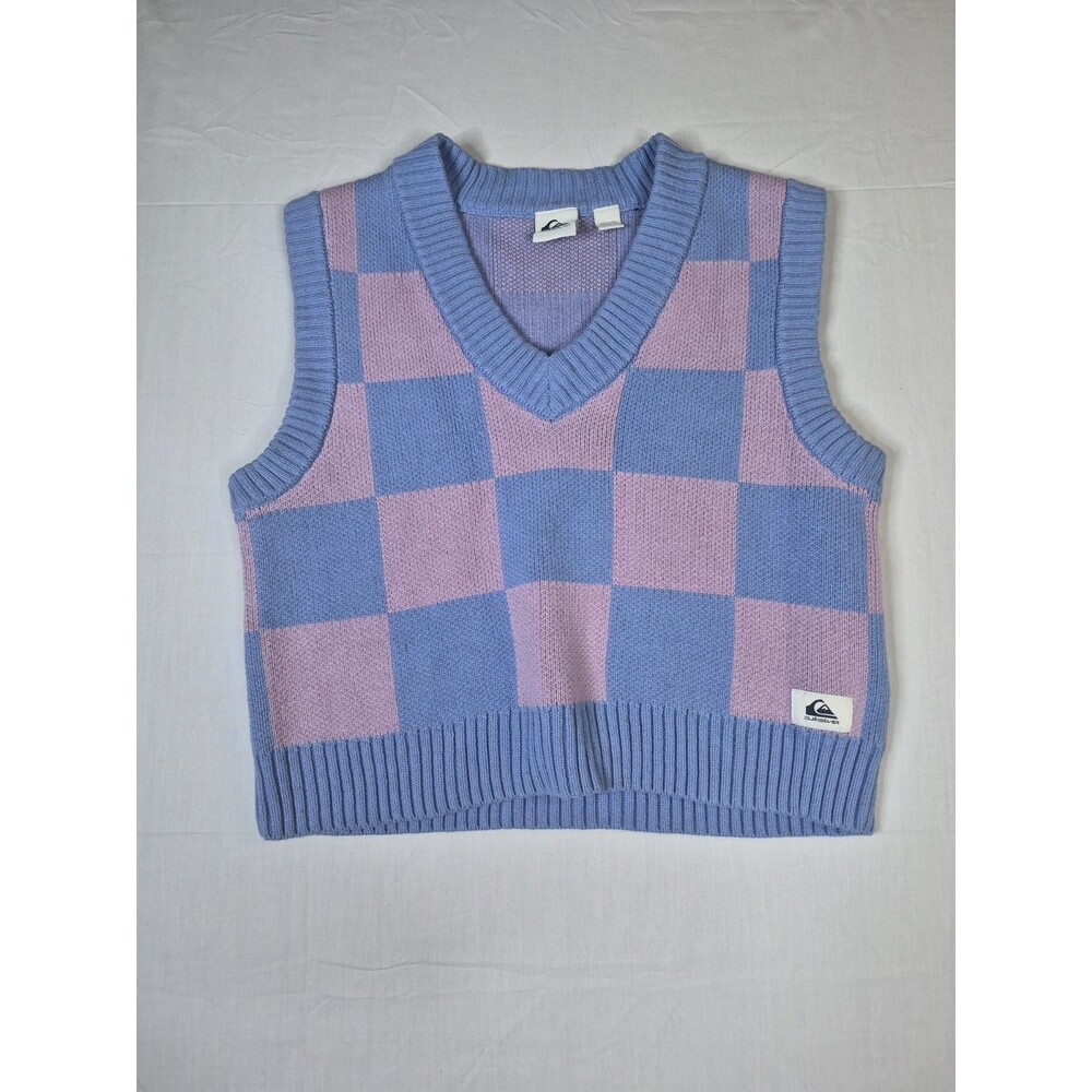 Quiksilver Sweater Vest Womens Size Large Pink Blue Checkered Plaid Cottagecore